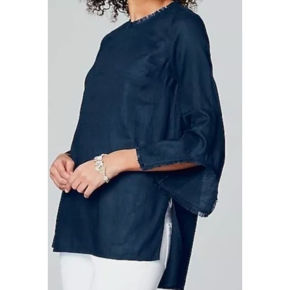 J. JILL Love Linen Navy Fringe Top Med Fringe detail‎ neckline flare sleeves